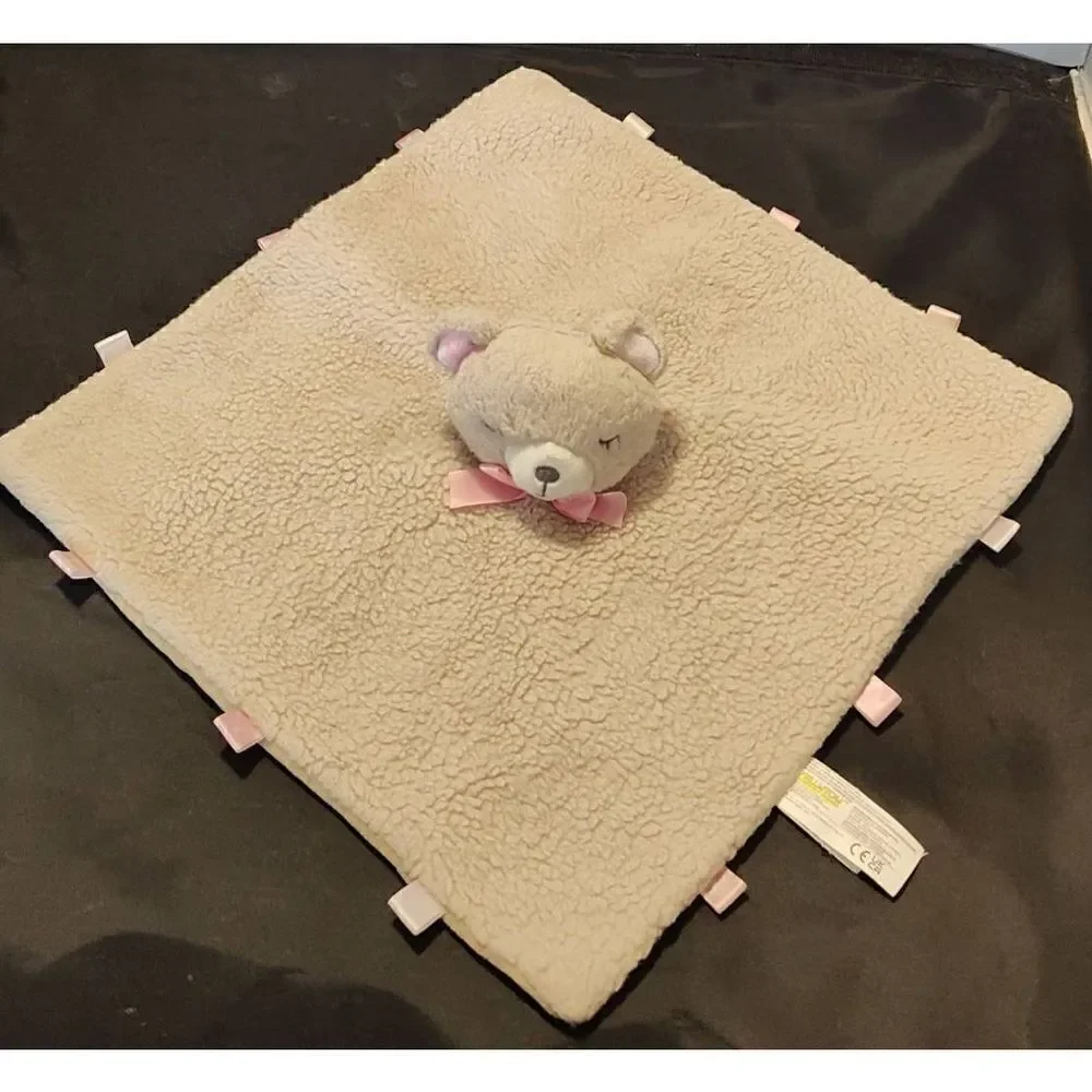 KELLYTOY Baby Tan BEAR Pink Ribbon RATTLE Security Blanket Soft Lovey Plush